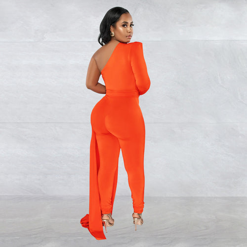 Women Wear Solid Color Shoulder Cloak One Shoulder Long Sleeve Trousers Jumpsuit