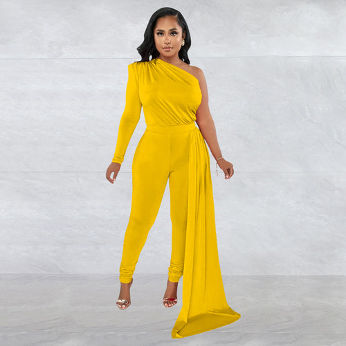 Women Wear Solid Color Shoulder Cloak One Shoulder Long Sleeve Trousers Jumpsuit