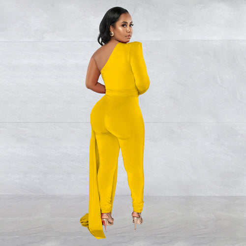 Women Wear Solid Color Shoulder Cloak One Shoulder Long Sleeve Trousers Jumpsuit