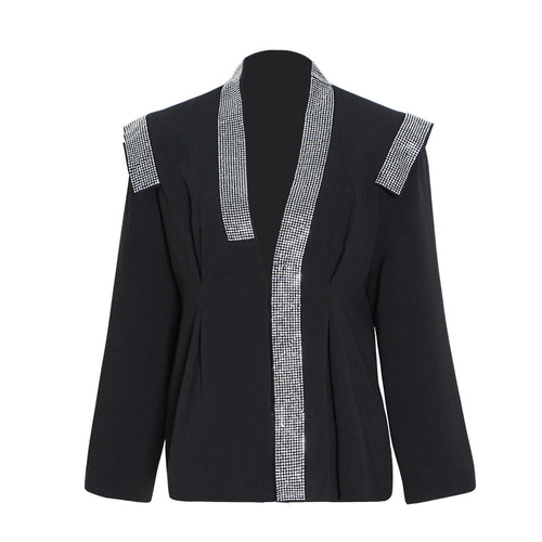 Spring Simple Style Show Stitching Heavy Embroidery Drilling Padded Shoulder Long Sleeve Small Blazer For Women