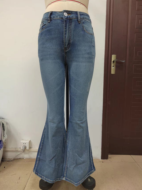 Women Jeans Office Washed Frayed Flared Jeans Trousers