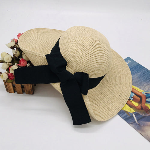 Spring Summer Women Travel Regular Big Bow Sun Protection Sunshade Foldable Beach Hat Large Straw Hat