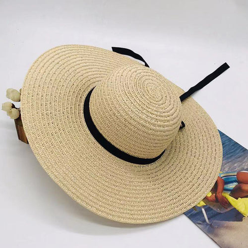 Spring Summer Women Seaside Outdoor Beach Sun Hat Big Brim Bow Sun Protection Sun Shade Dome Thin Straw Hat