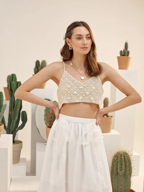 Women Summer Vacation Sleeveless Floral Crochet Solid Crop Top