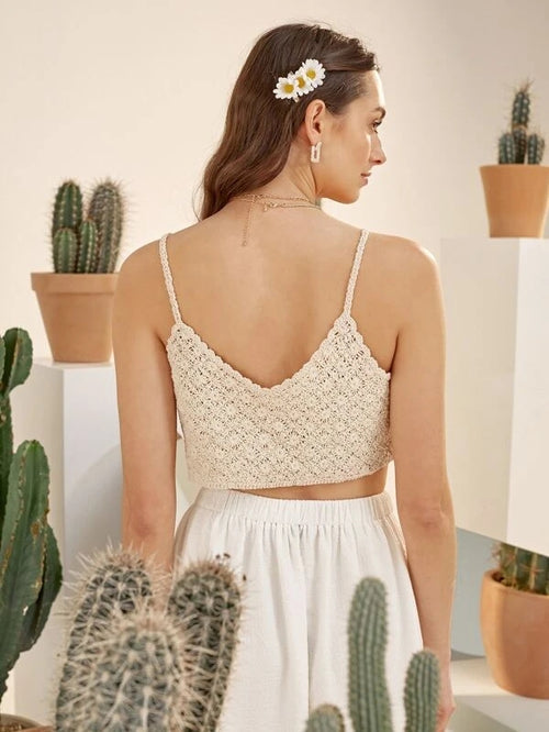 Women Summer Vacation Sleeveless Floral Crochet Solid Crop Top