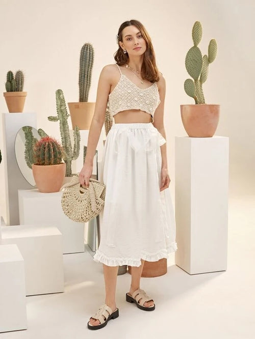 Women Summer Vacation Sleeveless Floral Crochet Solid Crop Top