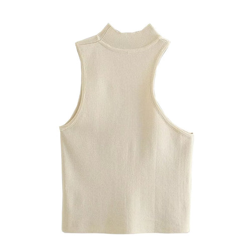 Summer Asymmetric Small Turtleneck Knitting Vest Women Slim Short Sleeveless Knitted Top