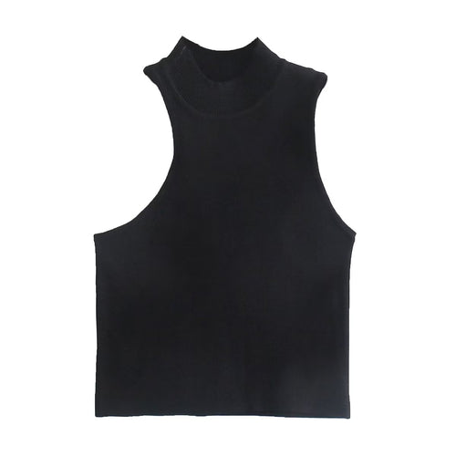 Summer Asymmetric Small Turtleneck Knitting Vest Women Slim Short Sleeveless Knitted Top