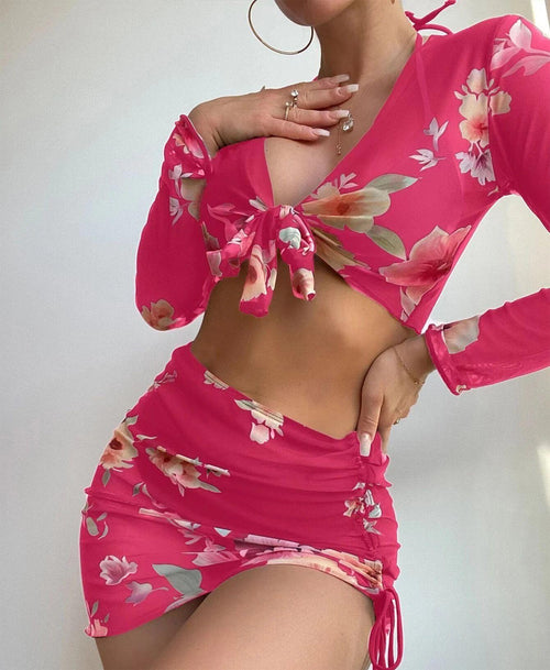 Four Piece Swimsuit Sexy Split Printed Mesh Long Sleeve Swimsuit High Profile Figure