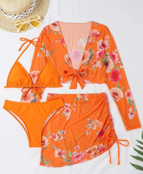 Four Piece Swimsuit Sexy Split Printed Mesh Long Sleeve Swimsuit High Profile Figure