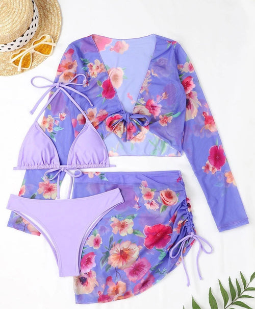 Four Piece Swimsuit Sexy Split Printed Mesh Long Sleeve Swimsuit High Profile Figure