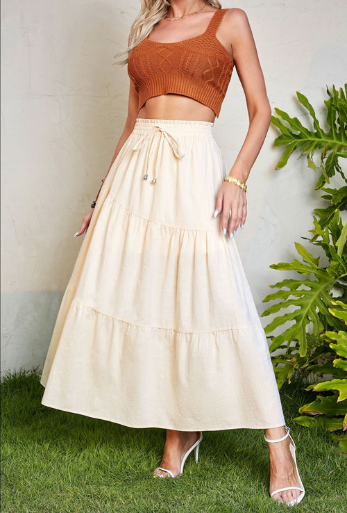 High Waist Long Skirt Stock Solid Color Cotton Linen Elastic Waist Large Swing Draped Dress Women