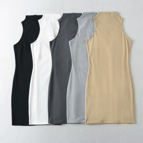 Summer Sexy Turtleneck Sleeveless Solid Color Sleeveless Base Tank Top Sheath Dress