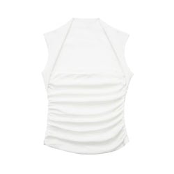 Spring Halter Sleeveless Trim Slim Pleated White Top