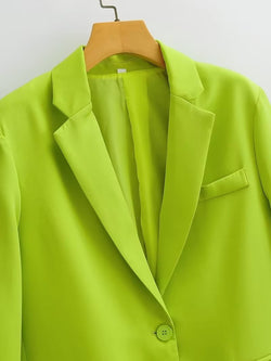 Lente Herfst Vrouwen Woon-werkkleding Fluorescerende Groene Zak Blazers Met Eén Knop