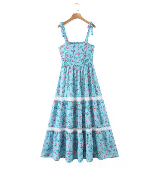 Spring Autumn Floral Strap Dress Vacation Seaside Lace Printed Dress