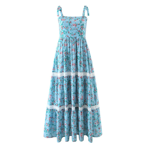 Spring Autumn Floral Strap Dress Vacation Seaside Lace Printed Dress