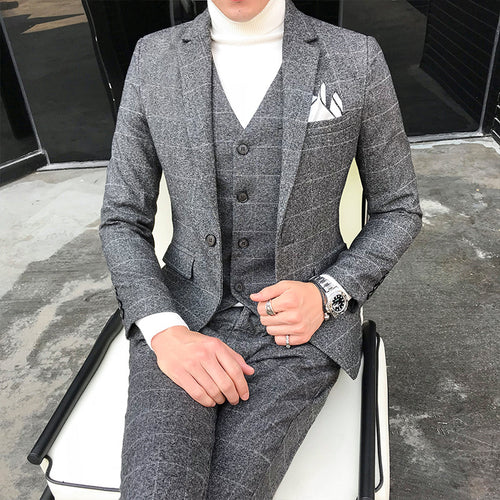Men's suit three-piece suit slim dark gray suit - SIMWILLZ 