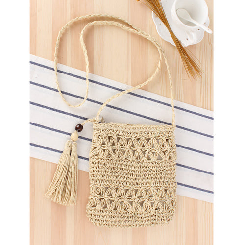 Simple Hollow Out Cutout Tassel Crossbody Straw Bag Hand-Woven Bag Summer Vacation Beach Bag