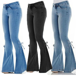 Women Jeans Mid Waist Lace up Denim Pants Stretch Jeans