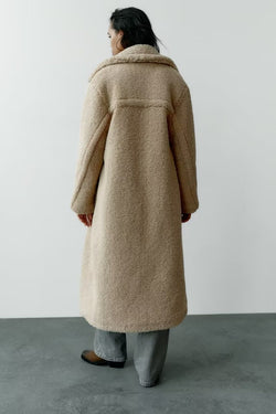 Autumn Winter Women Clothing Collared Thickening Mid Length Lamb Wool Long Overcoat Outerwear