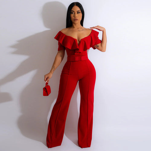 Women Clothing V Neck Flounce Sexy Waist Trimming Jumpsuit Women