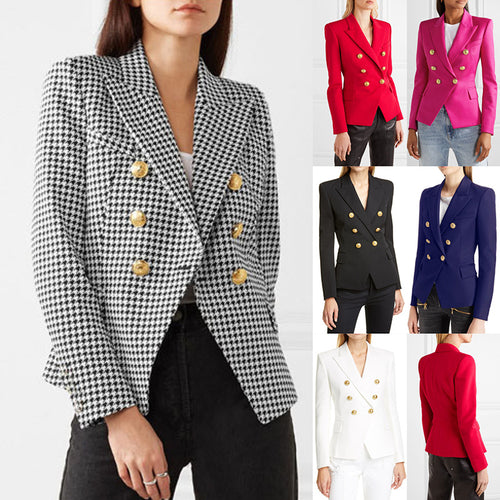 New Women  Clothes Coat Autumn Winter Small Houndstooth Fashion Short Double Breasted Coat Blazer