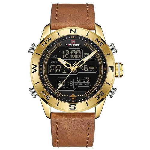 NAVIFORCE 9144 mode gouden heren sporthorloges heren LED analoog digitaal horloge leger militair lederen quartz horloge relogio masculino