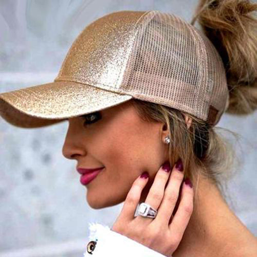 Europese en Amerikaanse hete verkopende dames mesh cap achterkant opening pailletten paardenstaart baseball cap modieuze all-match pet outdoor zonnehoed