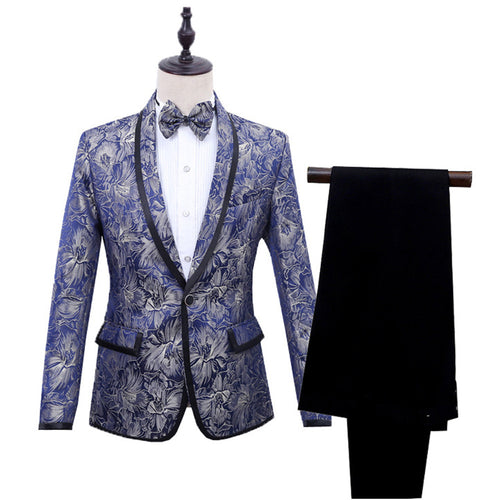 Best Man''s Dress Blue Brocade Suit One Button Green Fruit Collar With Black Edge British Men''s Two Piece Suit - SIMWILLZ 