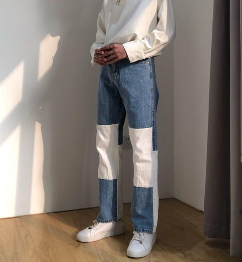 Men Wash Splice Casual Straight Jeans Trousers Korea Japan - SIMWILLZ 