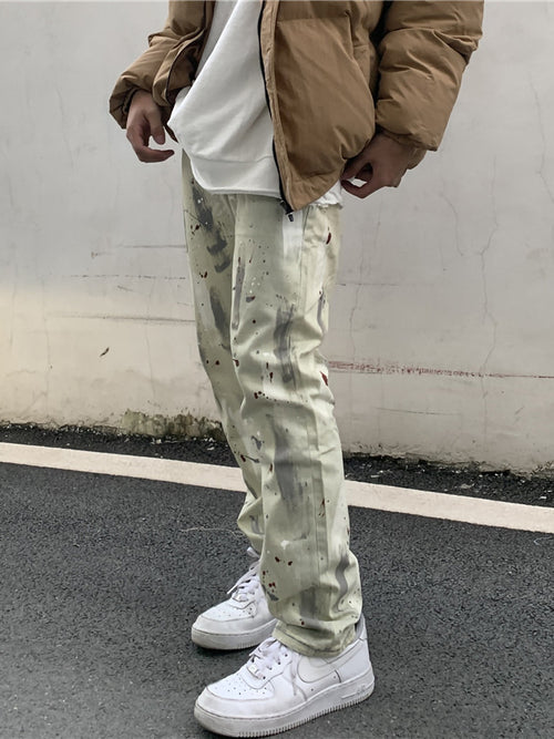 Jeans, Loose Straight, Contrast Color, Hand-Painted Tie-Dye Pants, Graffiti Style Trousers Men