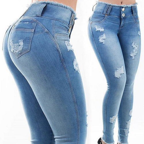 Nieuwe stretchy blauwe kwastje gescheurde jeans dames mode casual denim broek broek voor vrouwen potlood magere jeans met hoge taille