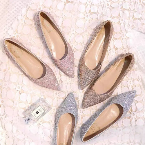 New Wedding Shoes Sequined Flat Shoes Female Pointed Toe Single Shoes Flat With Shallow Mouth Gold Powder Bride Bridesmaid Shoes Banquet Shoes