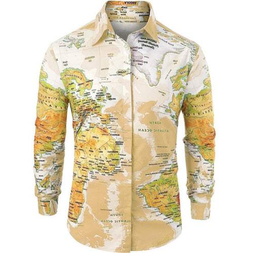 Men Shirt World Map Print HiddenG Button Slim Fit Shirts - SIMWILLZ 