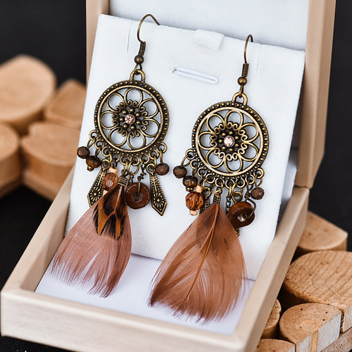 Diamond-Studded Wood Bead Earrings Earrings Feather Earrings Female Jewelry
