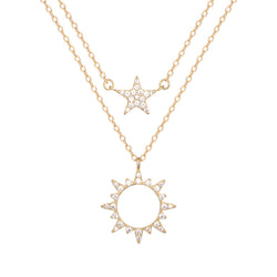 S925 Silver Double Layered Necklace Female Star Sun Necklace
