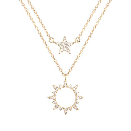 S925 Silver Double Layered Necklace Female Star Sun Necklace