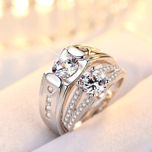 Diamond Romantic Couple Rings Men's Silver Plated Pair Rings
