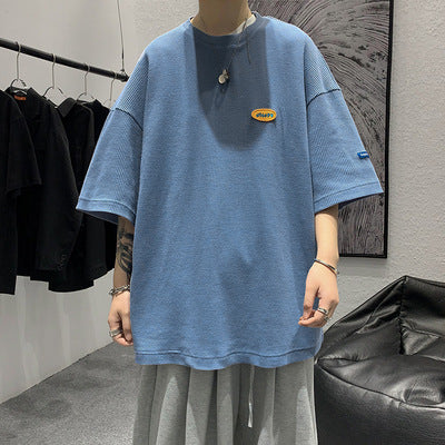 Japanese Casual Men''s 5-sleeve T-shirt Men''s Loose Fashion Brand Round Neck Street Waffle Half Sleeve T-shirt Men''s Wear