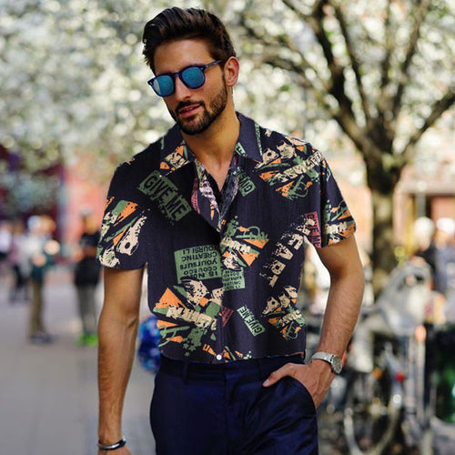 Vintage Letter Print Turn-down Collar Shirts Men Casual Short Sleeve Tops Summer Mens Button Loose Shirt Fashion Streetwear - SIMWILLZ 