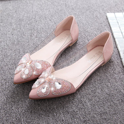 Spring and Autumn rhinestone single shoes female flat bottom shallow pointed women's shoes butterfly ladies boat shoes wild lady scoop shoes