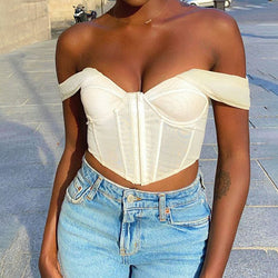 Dameskleding off-shoulder mesh effen kleur sexy bandeau crop-top korte top dames