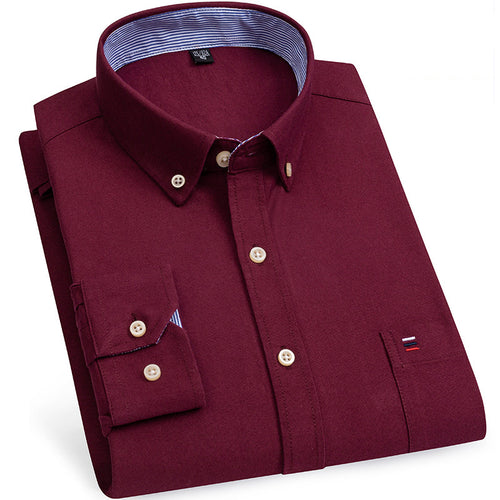 Men's Wine Red Cotton Oxford Long-sleeved Shirt Fashion Collar