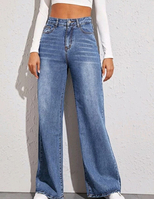 Dames losse jeans met hoge taille en wijde pijpen Populair