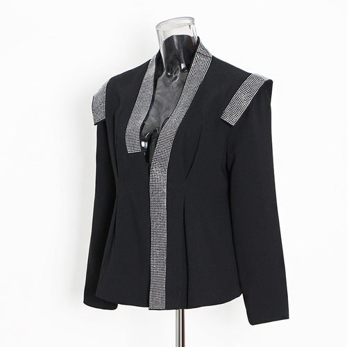 Spring Simple Style Show Stitching Heavy Embroidery Drilling Padded Shoulder Long Sleeve Small Blazer For Women