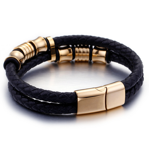 Gold Color Stainless Steel Men Black Leather Mens Wrap Bracelets Jewelry Wristband With Magnet Clasp