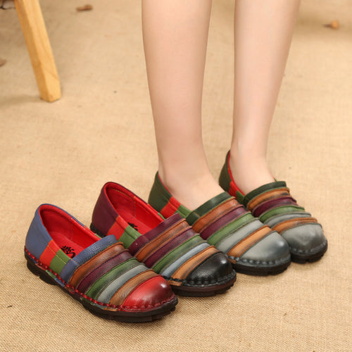 Flat sole shoes female leather deep mouth stitching soft bottom mother shoes handmade soft bottom scoop shoes