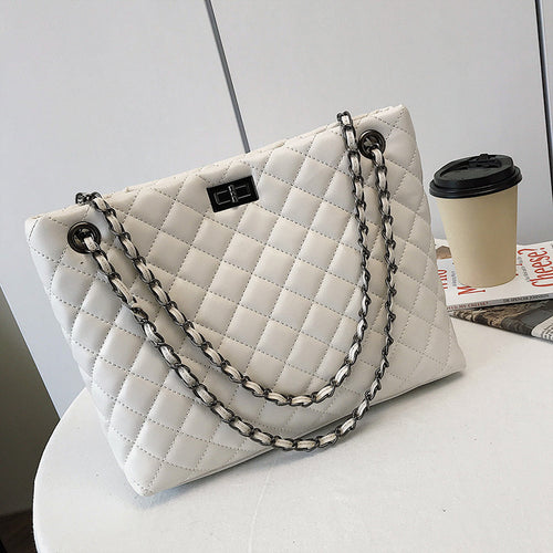 White Women's Shopper Bags Big Chain Plaid Shoulder Hand Bags Diamond Lattice Tote Bag Female Luxury Soft Leather Crossbody Bag