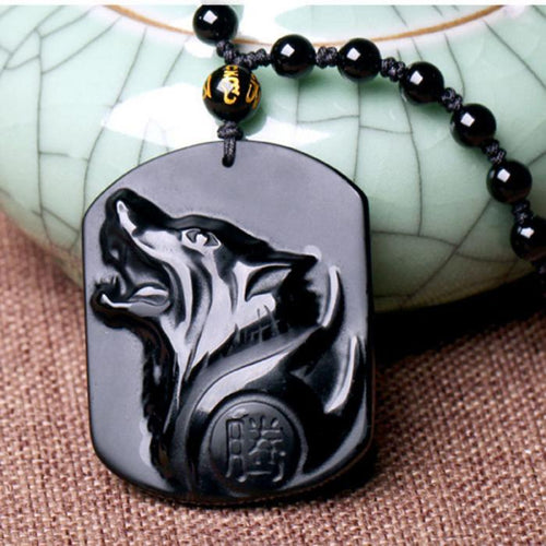 Nieuwe Obsidiaan Carving Wolf Hoofd Amulet Hanger Ketting Zegen Lucky Mannen Kettingen Sieraden Geschenken